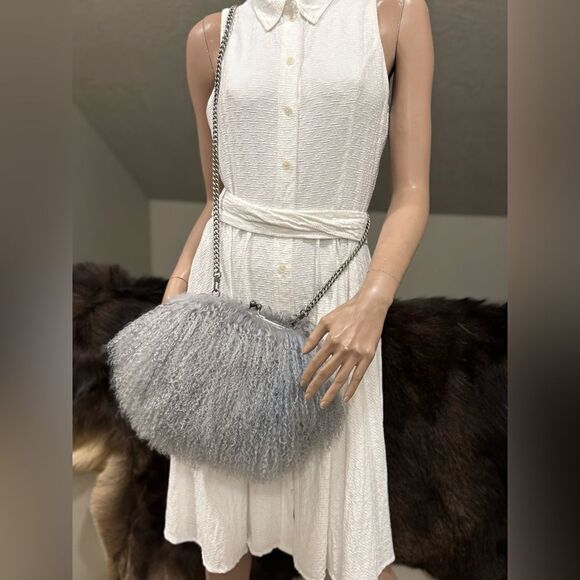 Gray Handmade Genuine Mongolian Lamb Fur Kisslock Clutch/Shoulder Bag/Crossbody - Picture 10 of 16